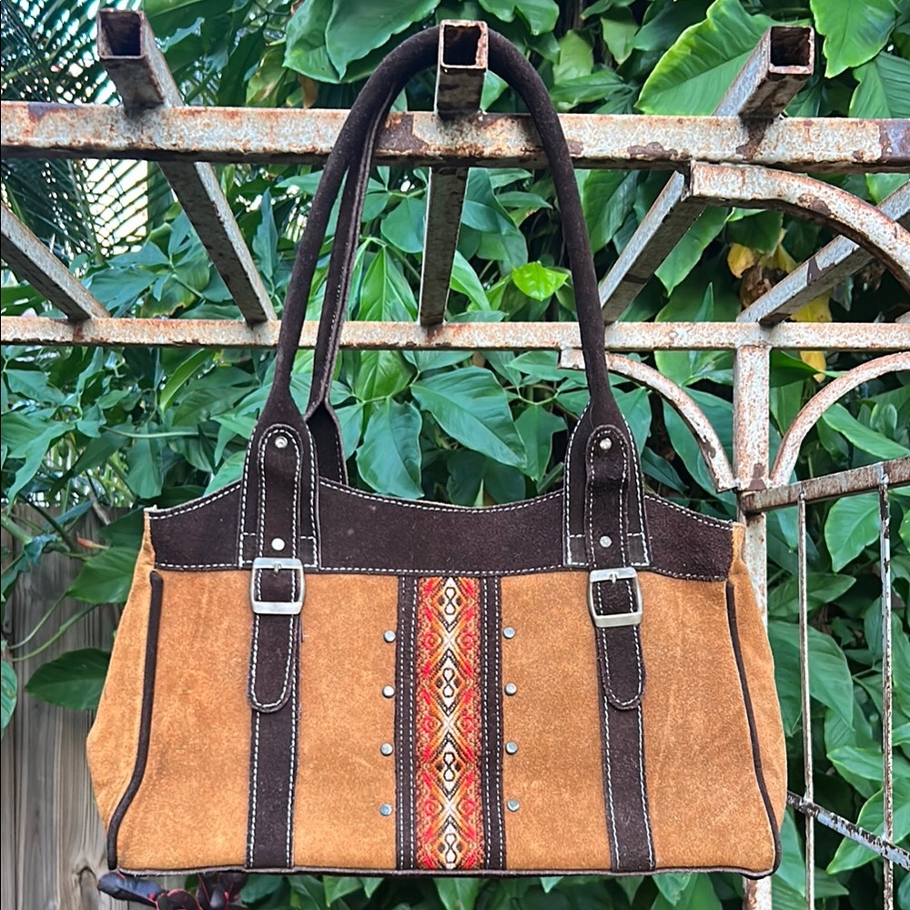 Vintage Aztec Southwestern Brown and Tan Suede Shoulder Bag with studs